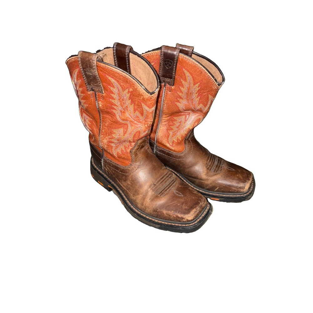 Ariat WorkHog 10007837 Brown Orange Leather Pull On Western Boots Youth US 13.5